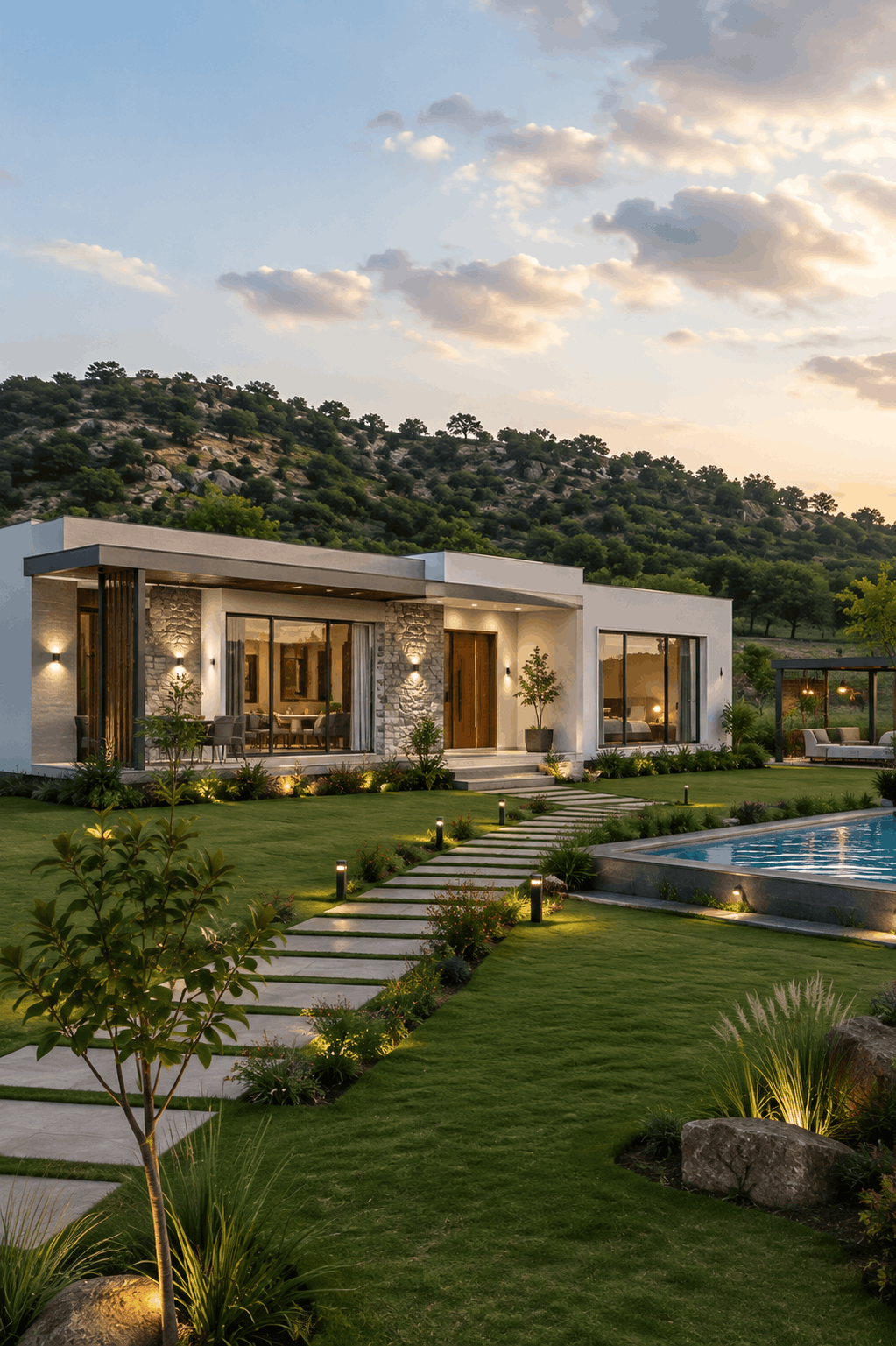 Farmhouse community surrounded by greenery